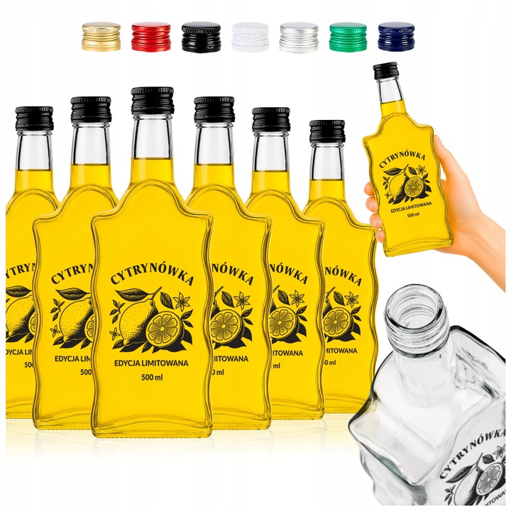 Комплект стъклени бутилки с вълнообразен дизайн с щампа на лимон, SuperButelki, 500 мл, С винтова капачка, Висококачествено стъкло, Необичайна вълнообразна форма, 23.5 x 5.2 x 8.6 см, Многоцветни, 50 броя