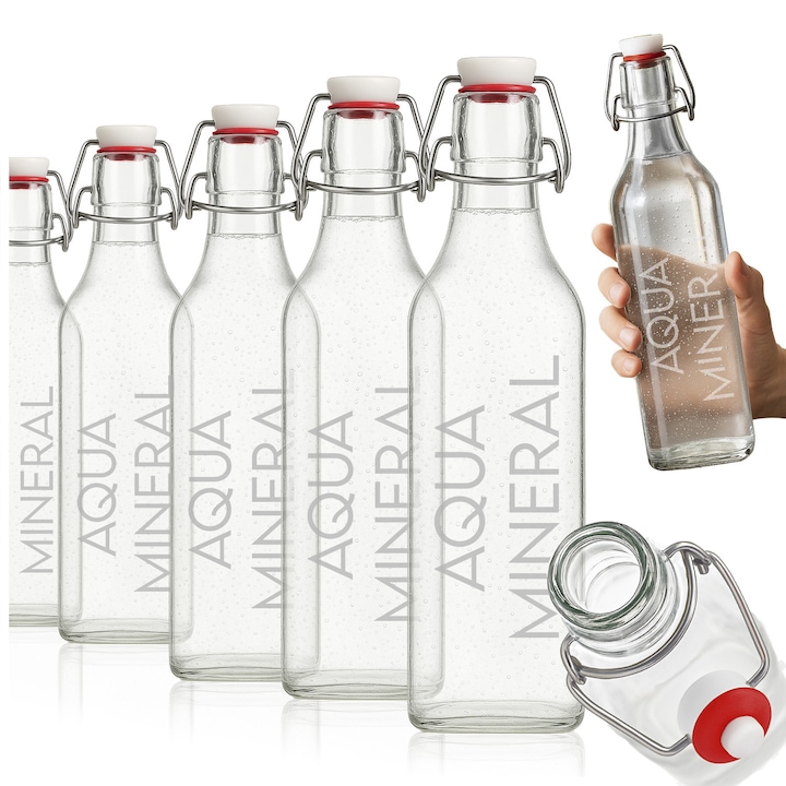 Set de sticle de sticla patrate cu gravura, SuperButelki, Inchidere etansa de tip swing top, Forma ergonomica, Solutie ecologica, 32 x 7.5 cm, Transparente, 30 de Buc