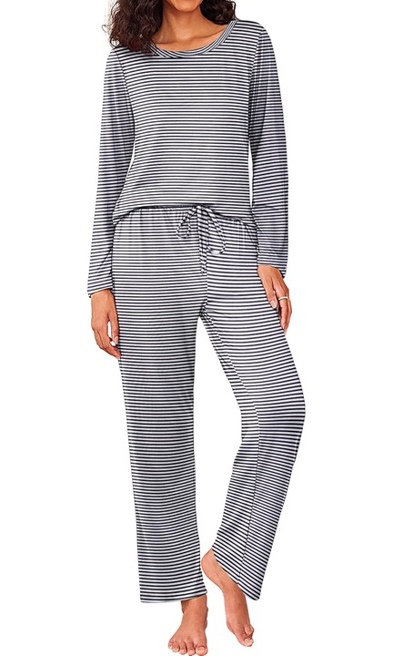 Pijama pentru femei, guler rotund, maneca lunga si top moale, cu buzunare si snur, alb-negru, marime 2XL, Ekouaer