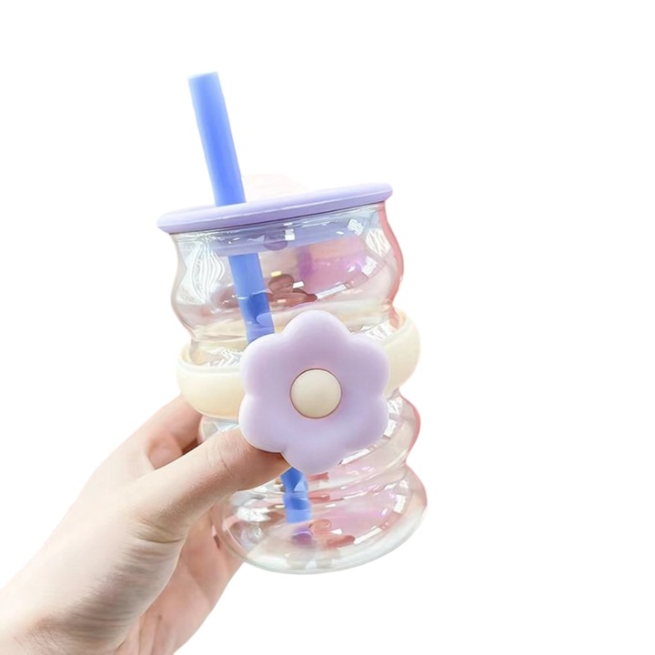 Cana cu pai Mixbo, model cu floare, sticla, mov, 520 ml