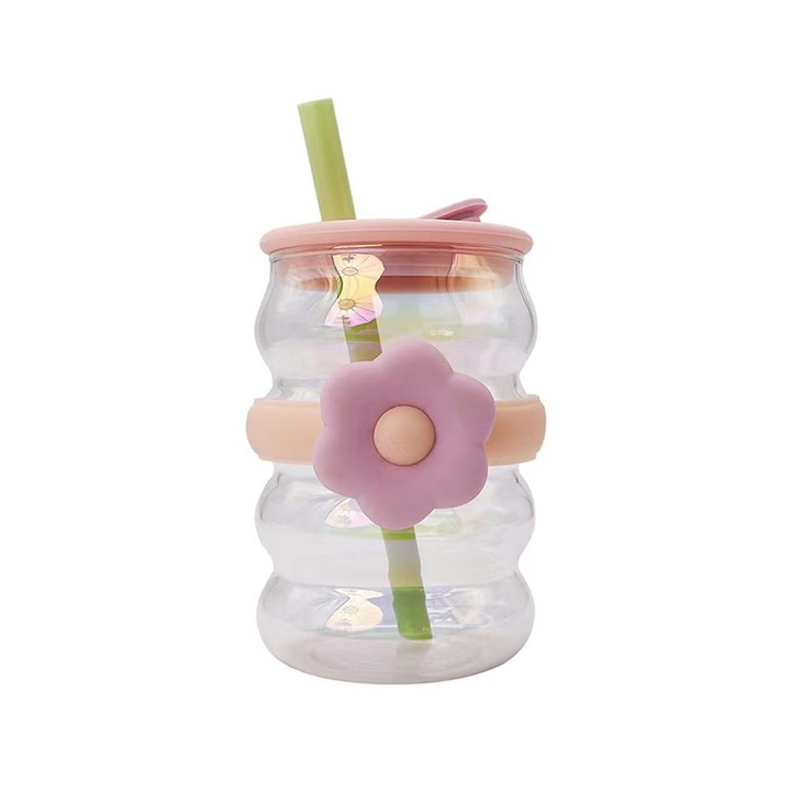 Cana cu pai Mixbo, model cu floare, sticla, roz, 520 ml