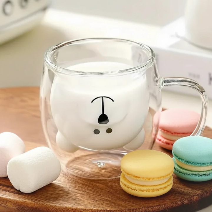 Cana termorezistenta Salestore.ro®, sticla cu perete dublu 260ml, in forma de urs, sticla borosilicata, pentru bauturi calde/reci, Transparenta