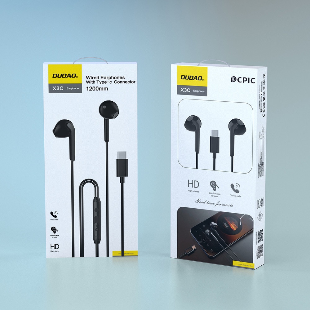 Casti audio cu microfon Dudao X3C, In-ear, Control pe fir, USB-C, Lungime cablu 1.2m, Negru