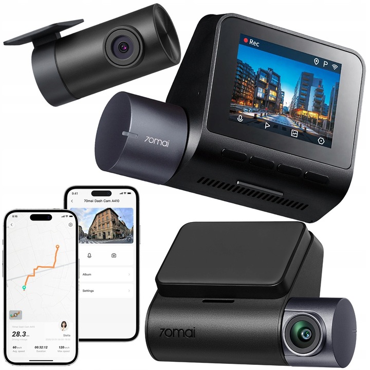 Autós kamera DVR 70mai A410, dupla, 2.5K, fekete, 10.5x10.5x1.6 cm