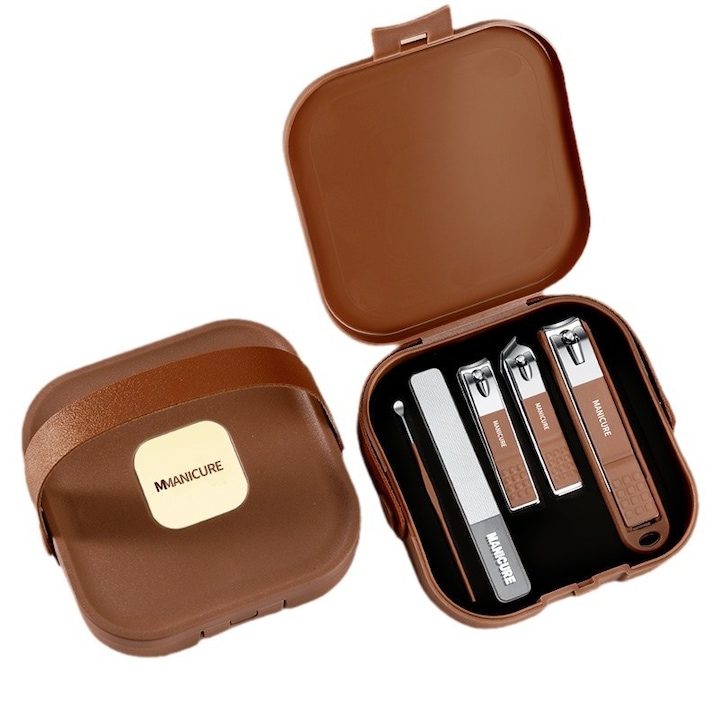 Trusa Manichiura Pedichiura, Set Unghiere Inox 7 in 1, Foarfeca si Cleste, Lame Ascutite, Ingrijire Unghii, Cutie Eleganta Maro