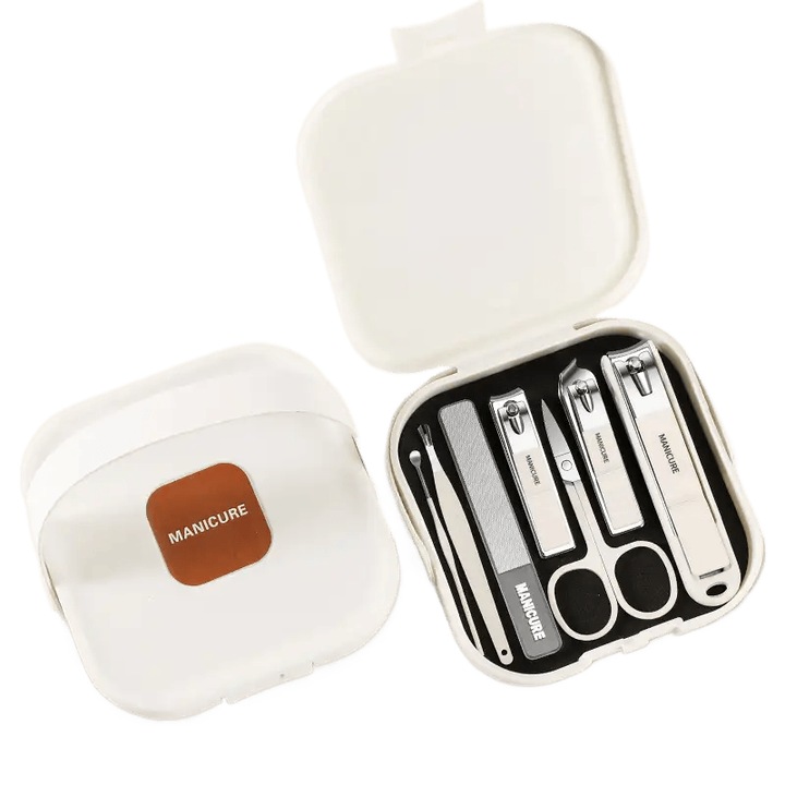 Trusa Manichiura Pedichiura, Set Unghiere Inox 7 in 1, Foarfeca si Cleste, Lame Ascutite, Ingrijire Unghii, Cutie Eleganta Alba