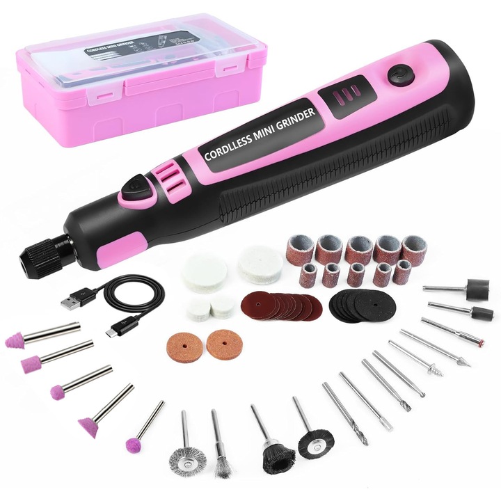 Unealta multifunctionala, MOSMAOO®, 700mAh, 3.6V, 20000 rpm, Set de 50 accesorii, Incarcare USB, Roz/Negru