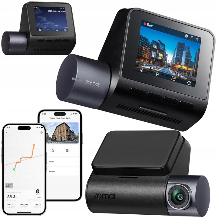 Kamera videó, 70Mai, A410, 10.5x10.5x0.9 cm, 2.5K minőségű felvétel (2560×1440), Beépített GPS modul, Akár 256 GB-os memóriakártya támogatás, 24 órás monitorozás, Fekete