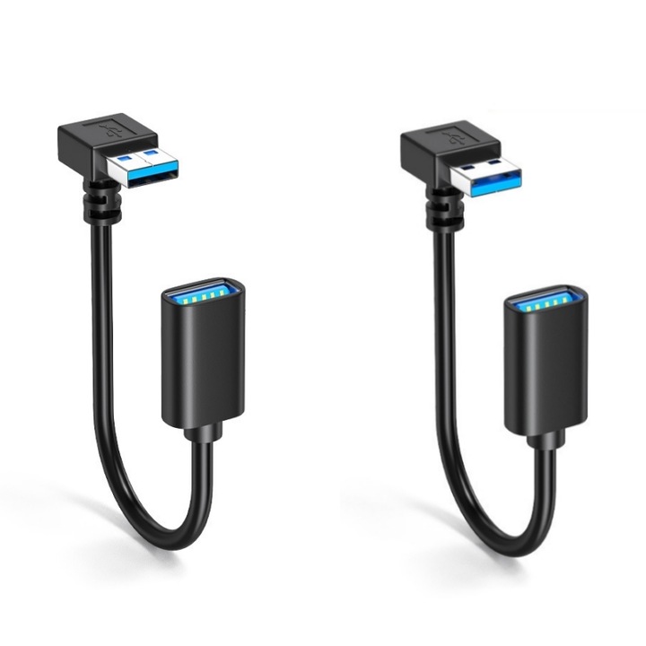 Set 2 Adaptoare de extensie USB 3.0, cabluri 30cm, unghi de 90 de grade (spre sus/jos), mufa tip A la mama tip A, Negru