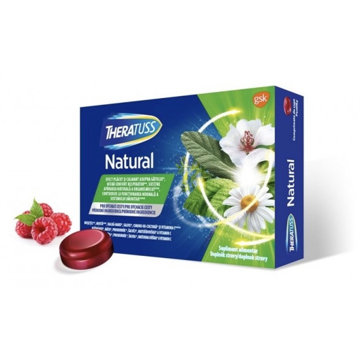 Comprimate cu vitamina C si plante pentru gat iritat, gust de zmeura, 16 comprimate Theratuss