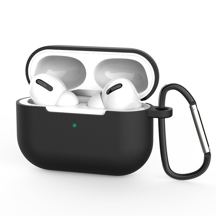 Husa pentru Apple AirPods Pro 3 DaDen®, din Silicon Moale, cu Breloc Carabina, Incarcare Wireless, Negru