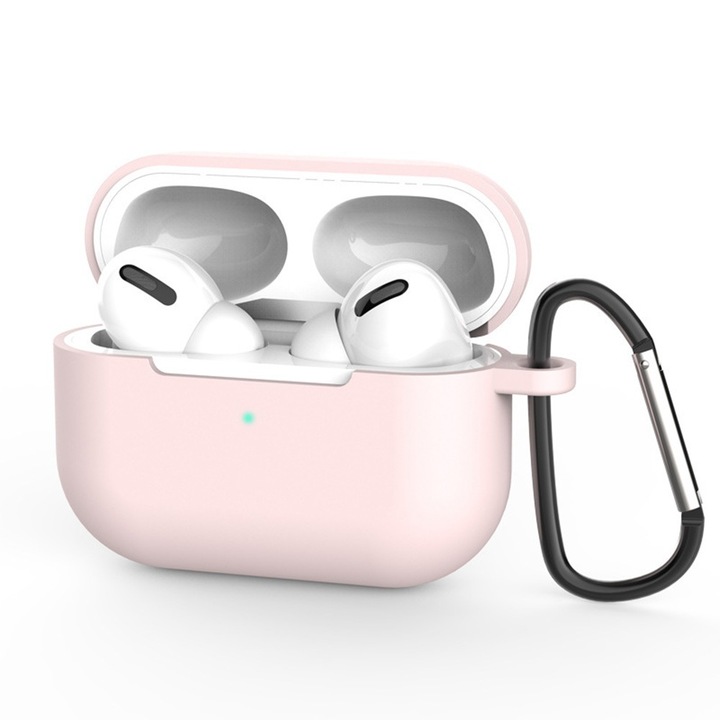 Husa pentru Apple AirPods Pro 3 DaDen®, din Silicon Moale, cu Breloc Carabina, Incarcare Wireless, Roz