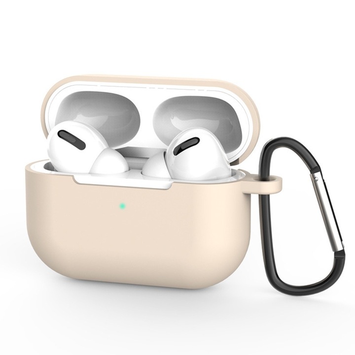 Husa pentru Apple AirPods Pro 3 DaDen®, din Silicon Moale, cu Breloc Carabina, Incarcare Wireless, Crem