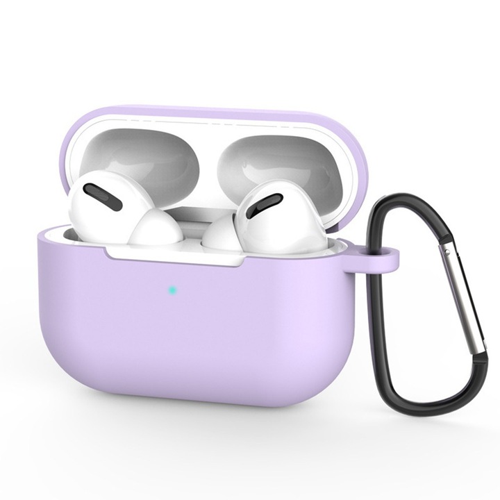 Husa pentru Apple AirPods Pro 3 DaDen®, din Silicon Moale, cu Breloc Carabina, Incarcare Wireless, Mov