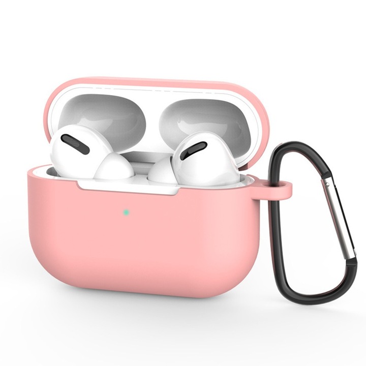 Husa pentru Apple AirPods Pro 3 DaDen®, din Silicon Moale, cu Breloc Carabina, Incarcare Wireless, Roz inchis
