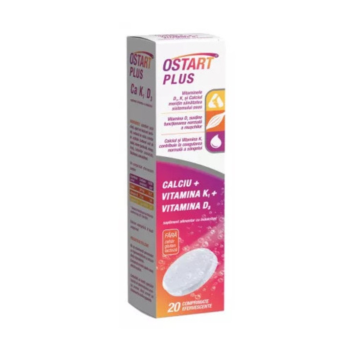 Ostart Plus Calciu + K1 + D3, 20 comprimate efervescente, Fiterman Pharma, portocală, gust plăcut
