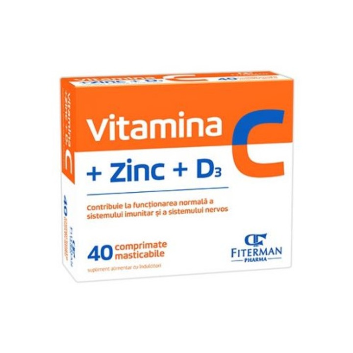 Vitamina C+Zn+D3, Fiterman Pharma, 40 comprimate masticabile, imunitate, fara zahar