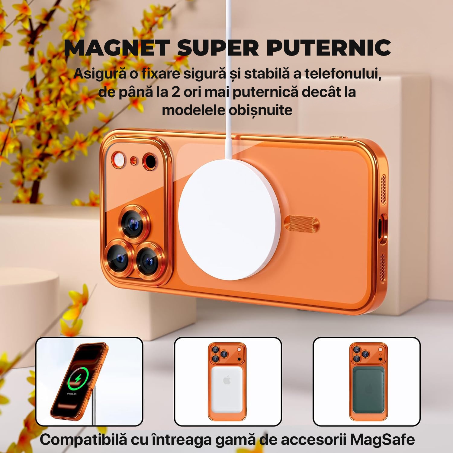 Husa pentru iPhone 17 Pro Max DaDen MagSafe Luxury, Antisoc, Protectie Camera, Margini Metalizate, Transparenta cu Margini Portocaliu