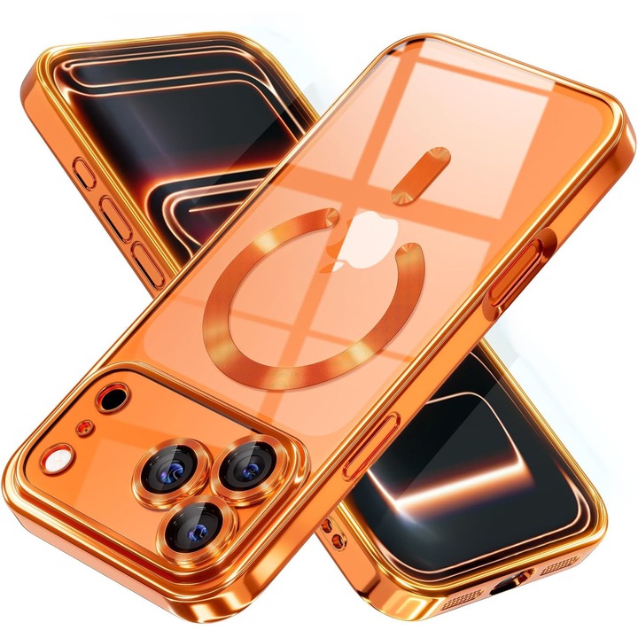 Калъф за iPhone 17 Pro DaDen MagSafe Luxury, противоударен, защита на камерата, метализирани ръбове, прозрачен с оранжеви ръбове