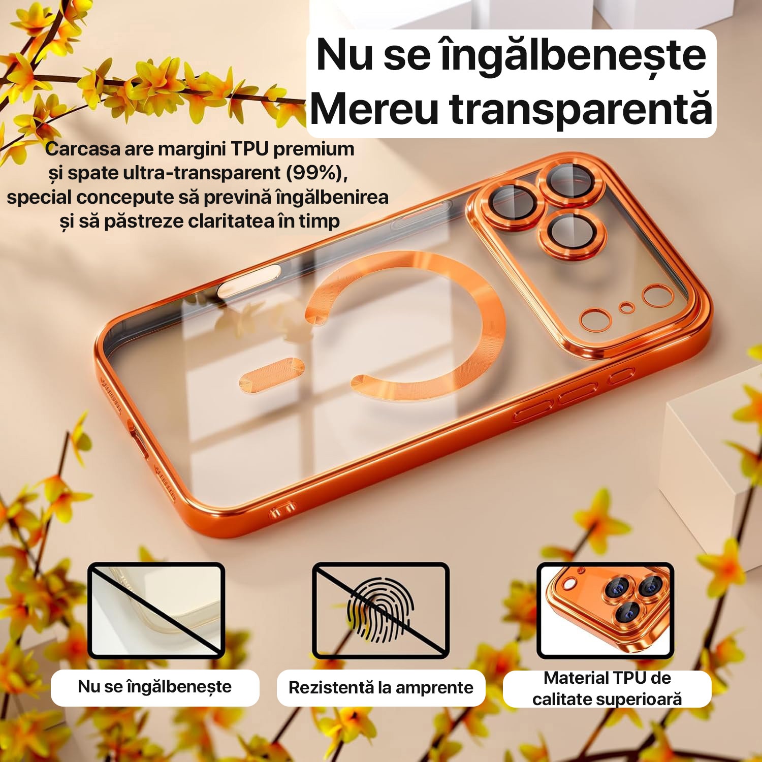 Husa pentru iPhone 17 Pro Max DaDen MagSafe Luxury, Antisoc, Protectie Camera, Margini Metalizate, Transparenta cu Margini Portocaliu