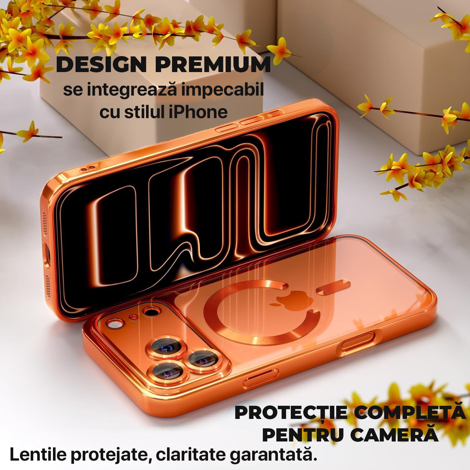 Husa pentru iPhone 17 Pro Max DaDen MagSafe Luxury, Antisoc, Protectie Camera, Margini Metalizate, Transparenta cu Margini Portocaliu