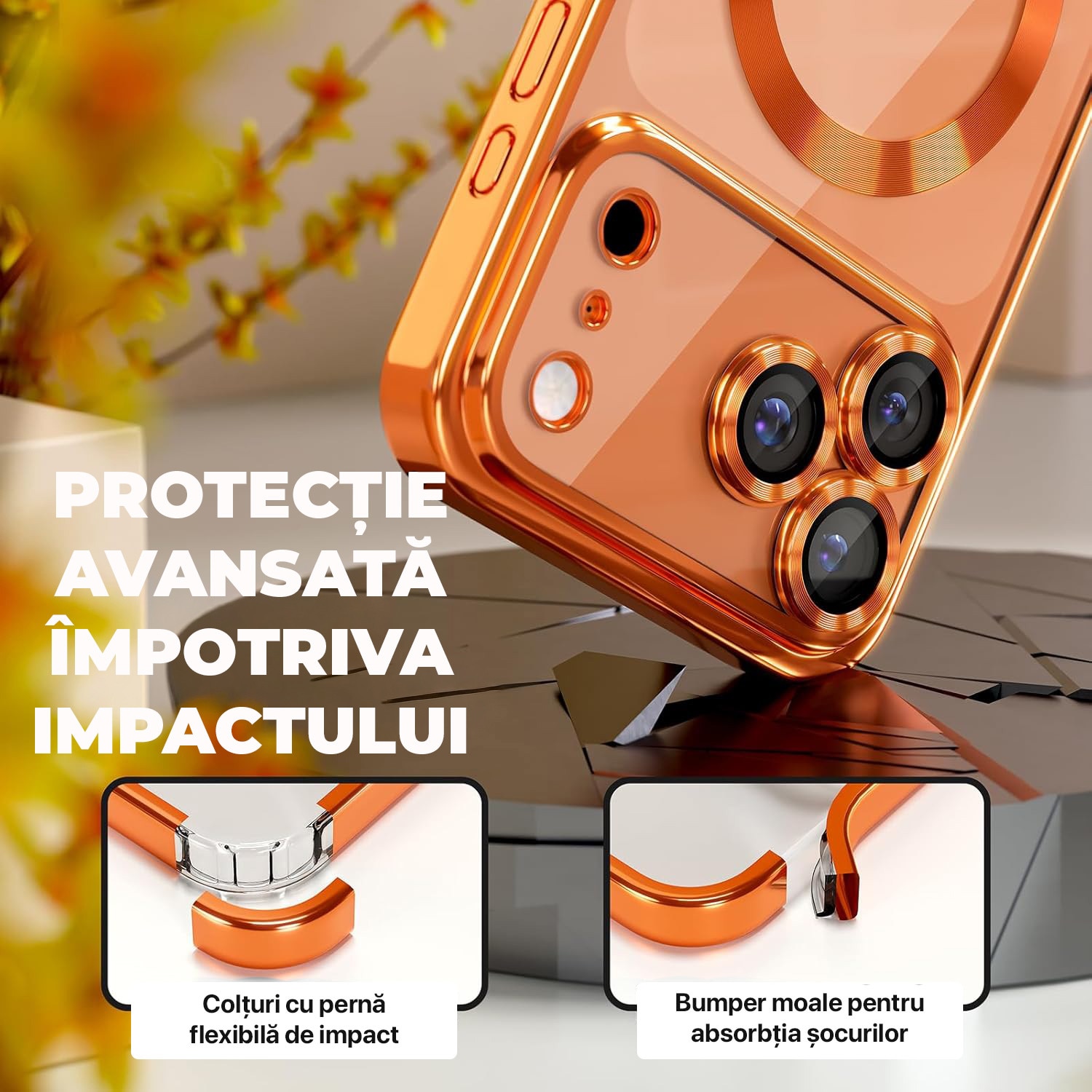 Husa pentru iPhone 17 Pro Max DaDen MagSafe Luxury, Antisoc, Protectie Camera, Margini Metalizate, Transparenta cu Margini Portocaliu