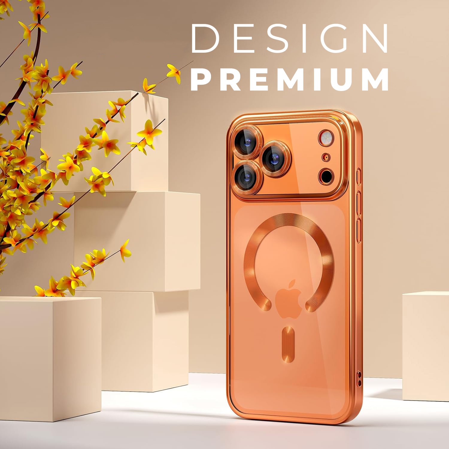 Husa pentru iPhone 17 Pro Max DaDen MagSafe Luxury, Antisoc, Protectie Camera, Margini Metalizate, Transparenta cu Margini Portocaliu