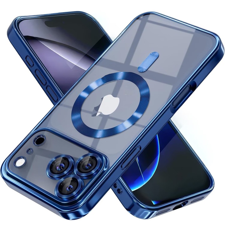 Husa pentru Apple iPhone 17 Pro Max DaDen MagSafe Full Luxury, Antisoc, Protectie Camera, Margini Metalizate, Transparenta cu Margini Albastre
