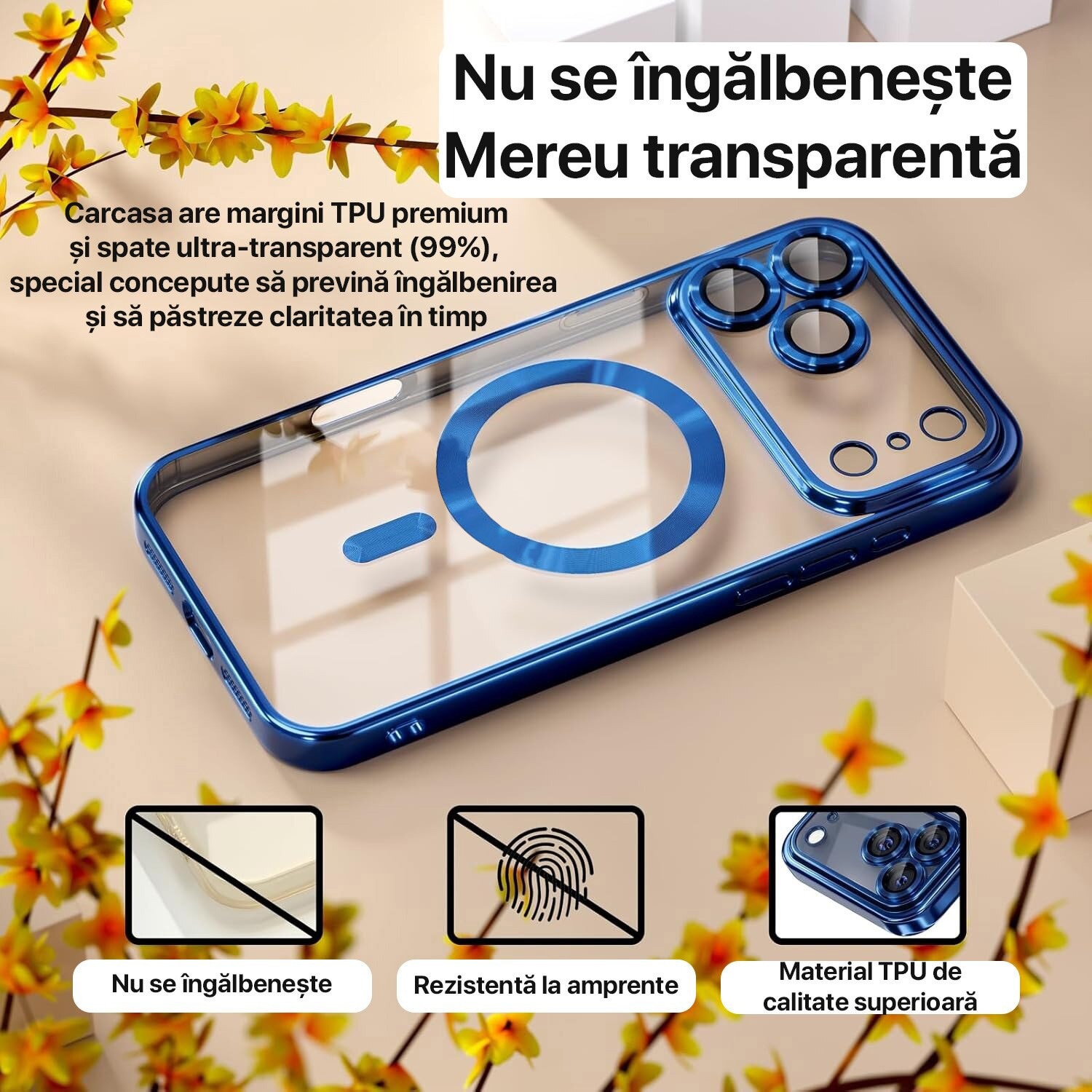Husa pentru Apple iPhone 17 Pro Max DaDen MagSafe Full Luxury, Antisoc, Protectie Camera, Margini Metalizate, Transparenta cu Margini Albastre