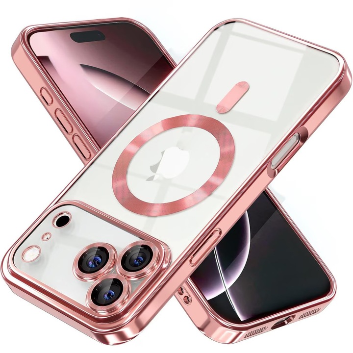 Tok Apple iPhone 17 Pro Max DaDen MagSafe Full Luxury, ütésálló, kameravédelem, fémes élek, átlátszó, rózsaarany szegéllyel