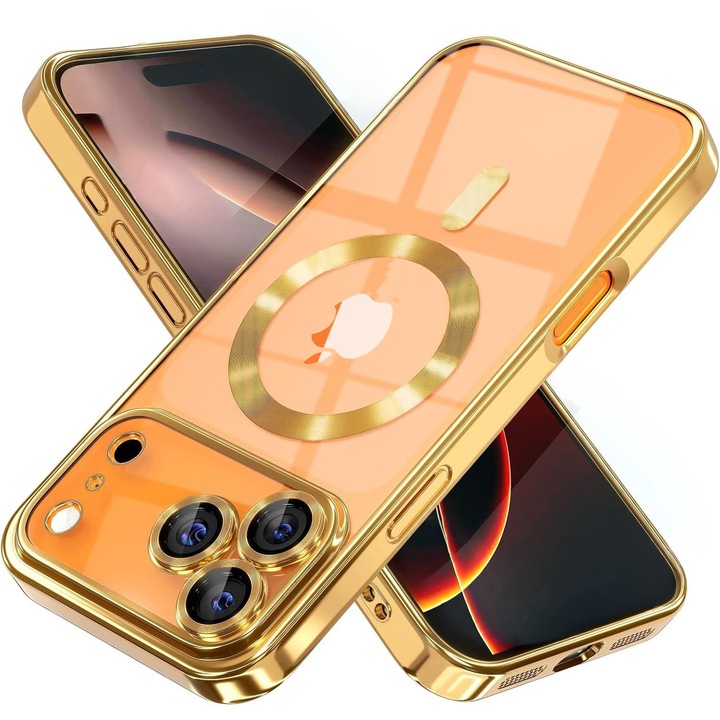 Husa pentru Apple iPhone 17 Pro Max DaDen MagSafe Full Luxury, Antisoc, Protectie Camera, Margini Metalizate, Transparenta cu Margini Aurii