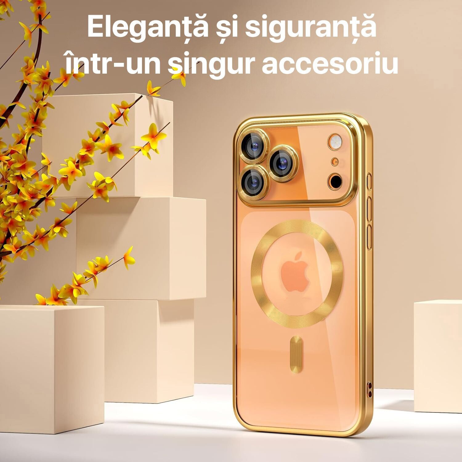 Husa pentru Apple iPhone 17 Pro Max DaDen MagSafe Full Luxury, Antisoc, Protectie Camera, Margini Metalizate, Transparenta cu Margini Aurii