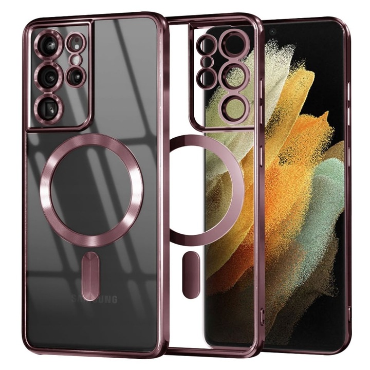 Husa pentru Samsung Galaxy S21 Ultra 5G, SKYDDAR INNOVATION, Luxury Shield Magsafe, Protectie Antisoc, set cu sticker, Roz