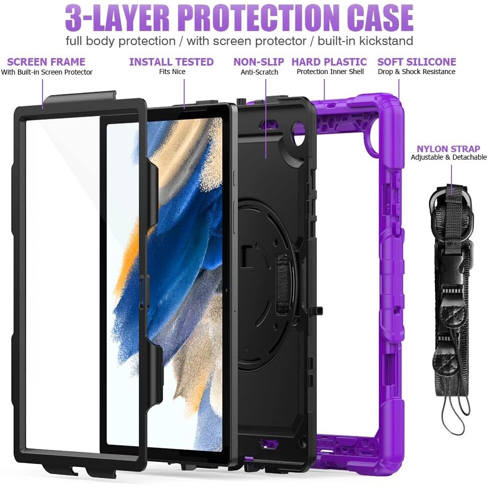 Husă tablete Sigloo Pachet 360 cu folio integrată, suport rotativ, curea umăr, Mov cu Negru, pentru Samsung Galaxy Tab A7 10.4"