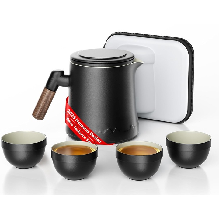 Set de ceai Mihoho, ceramica, 4 cesti, infuzor, capac, husa transport, portabil, ergonomic, negru