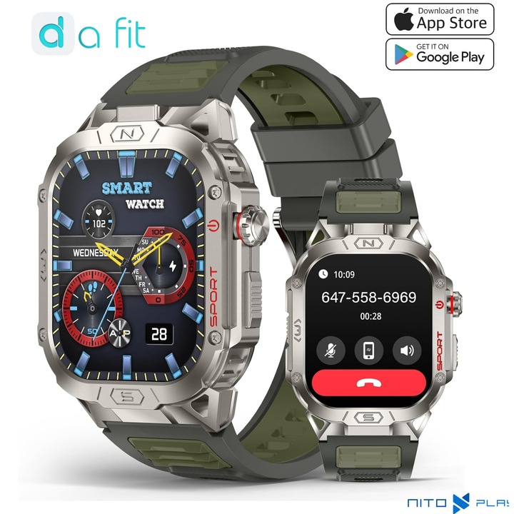 Ceas inteligent Nitoplay® Outdoor Smart Watch, Verde, 2,02" UHD, Barbatesc, Curea silicon, Apel Bluetooth, Notificari, Android/iOS, Autonomie 7 zile, Rezistent la apa IP68, Robust, Lanterna, Busola, Altimetru, Monitorizare sanatate, Puls, Tensiune, Somn
