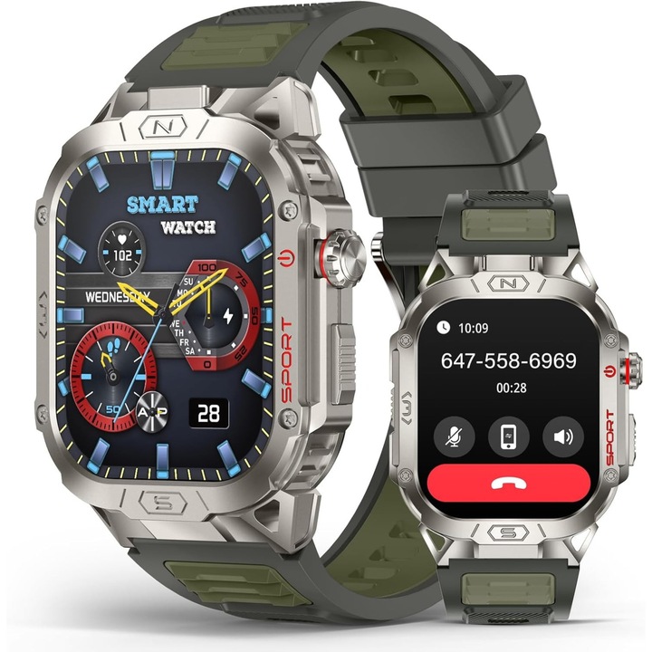 Nitoplay® kültéri okosóra, zöld, 2,02" UHD, férfi, szilikon szíj, Bluetooth hívás, értesítések, Android/iOS, 7 napos akkumulátor-üzemidő, IP68 vízálló, strapabíró, zseblámpa, iránytű, magasságmérő, egészségfigyelés, pulzusszám, vérnyomás, alvásfigyelés