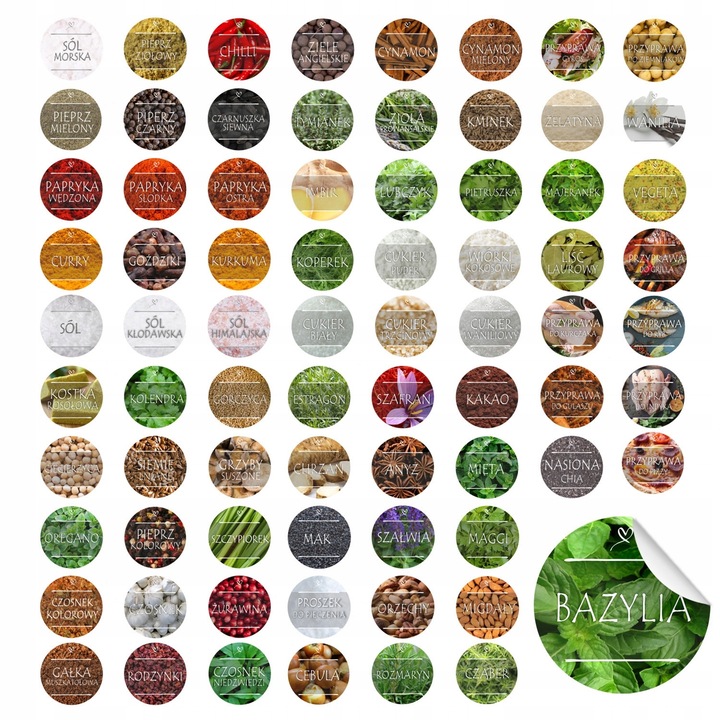 Set Etichete Pentru Condimente, SuperButelki, Material Vinil, Rezistente La Apa, Usor De Aplicat, Durabile si Rezistente, Mate, 36 x 36 mm, Multicolor, 75 Buc