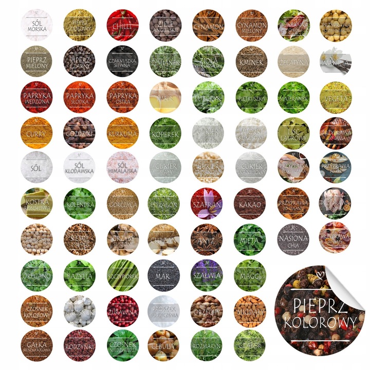 Set Etichete Pentru Condimente, SuperButelki, Material Vinil, Rezistente La Apa, Usor De Aplicat, Durabile si Rezistente, Mate, 36 x 36 mm, Multicolor, 75 Buc