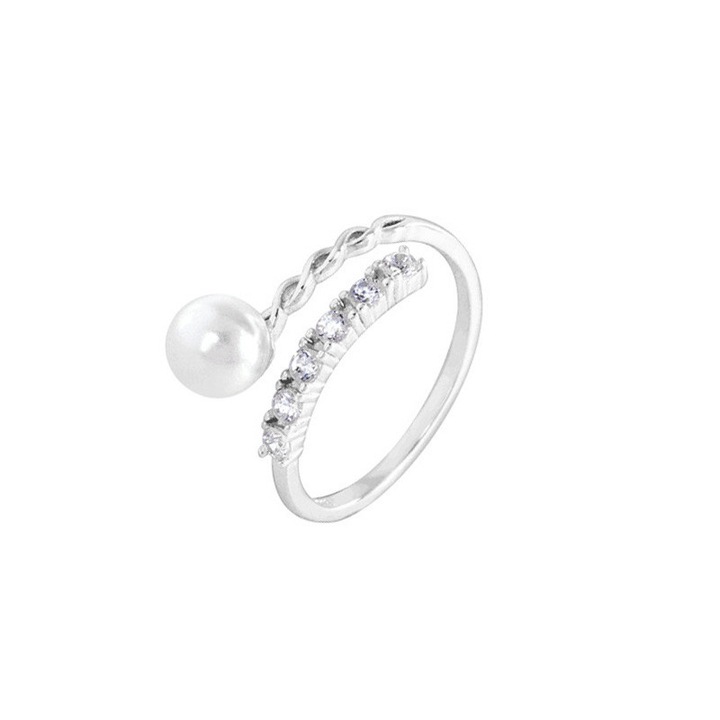 Inel Dama Argint 925 Cu Perla Si Cubic Zirconia, Inel Reglabil Deschis Design Unicat Minimalist, Bijuterie Eleganta Pentru Femei Rafinate, Accesoriu Chic Cu Perla Simbolica, Cadou Valentine’s Day Si 8 Martie, Argintiu