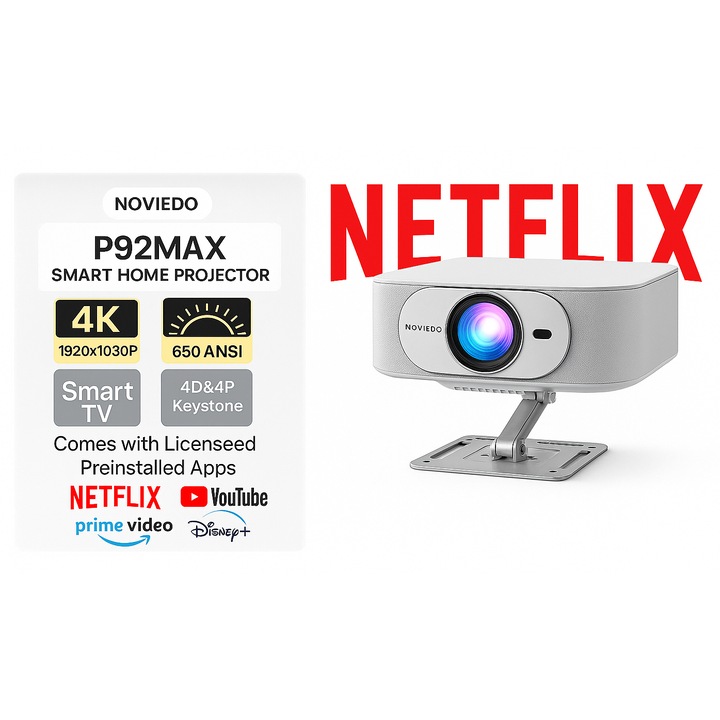 Videoproiector Smart LED Portabil MAX Premium, 4K UltraHD, Android13, Autofocus, Difuzor 8W, 650 Ansi, 30000 Lumeni, Licenta Oficiala Netflix, Wi-Fi6 Dual Band, Bluetooth 5.5, Proiectie Ajustabila, HDMI, USB, Mirroring Android/ IOS, 1 GB RAM, 8 GB memorie