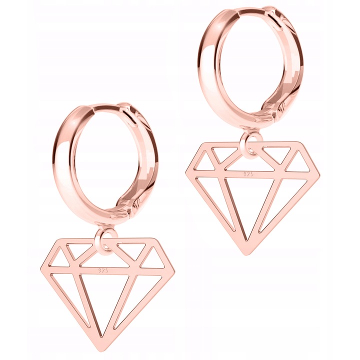 Cercei Dama, Larezo, Diamant, Argint 925 Acoperit Cu Aur Roz De 18 Karate, Inaltime Bigla 17 mm x Inaltime Pandantiv 13 mm, Inchidere Carlig Englezesc, Ambalaj Cutie Pentru Bijuterii Premium, Roz