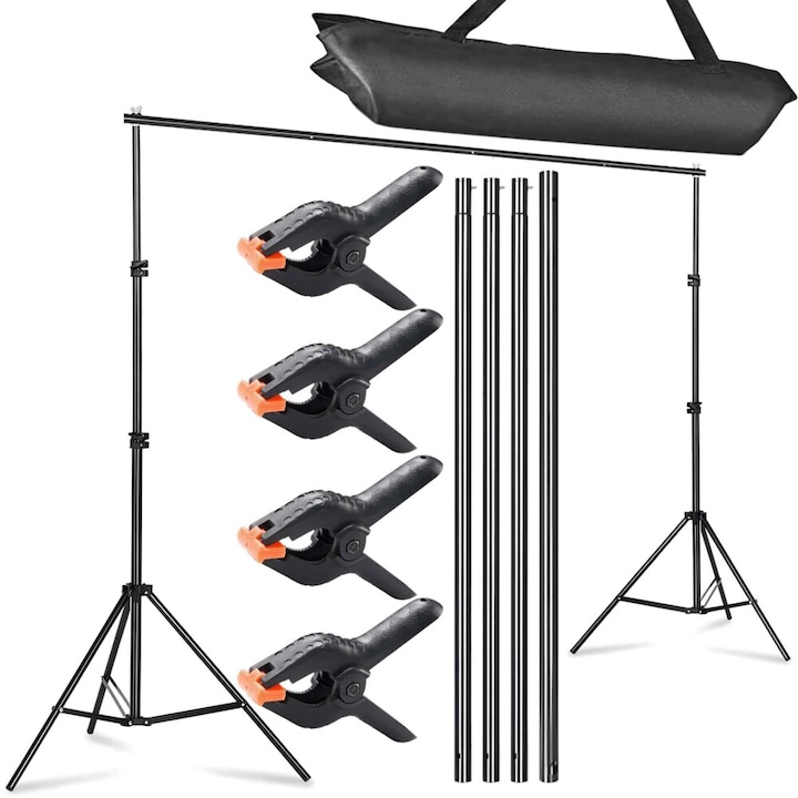Kit suport fundal foto - video 3 (latime) x 2.8 (inaltime) metri KESNUP, 2 stative reglabile, 4 bare sustinere montare fundaluri, 4 clipsuri prindere, husa transport si protectie inclusa, Negru