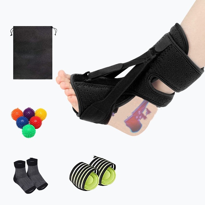 Atela Ortopedica Reglabila pentru Picior Cazut + Set Completu Accesorii (Minge Masaj, KuviKoo™ Sac de Transport, Sosete Fasciita Plantara, Talpica Arc, ) - Suport Glezna/Talpa cu Bara Aluminiu 90°, Unisex