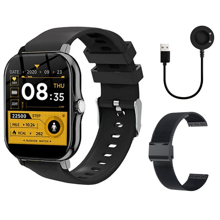 WTO okosóra, 1,85” HD kijelző, intelligens üzenetriasztások, IP67 vízálló, 100+ edzésmód, fitneszkövető, pulzusszám, alvásfigyelő, zenelejátszó, 2 szíjjal, fekete