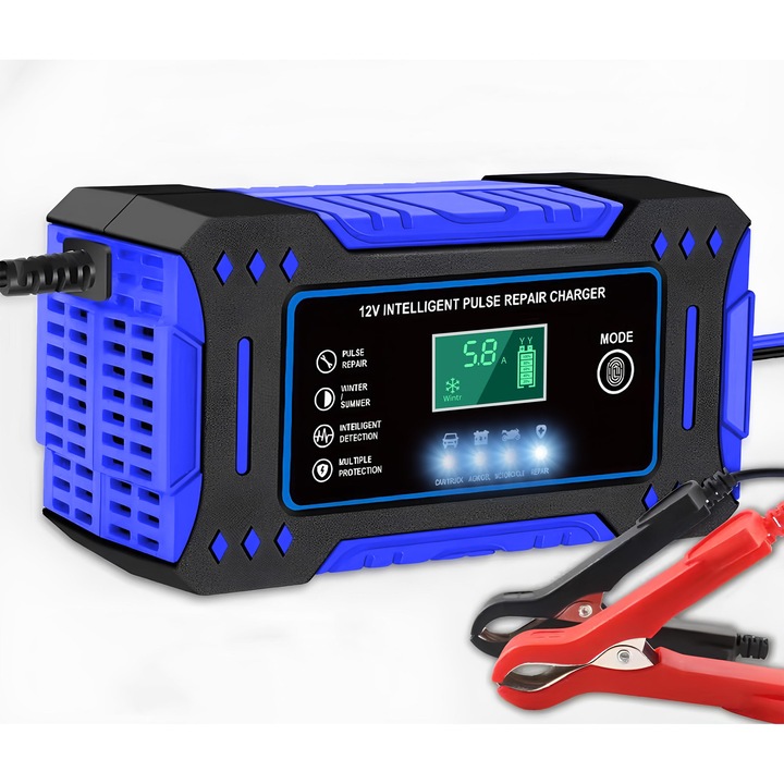 Redresor automat RENEW FORCE® pentru acumulatori auto 12V, max. 6A, suporta baterii 2–100Ah, intrare AC 110–220V, iesire DC 13, 8–15, 5V, cabluri 58/43 cm, compact 160×80×64 mm NIU126 blue