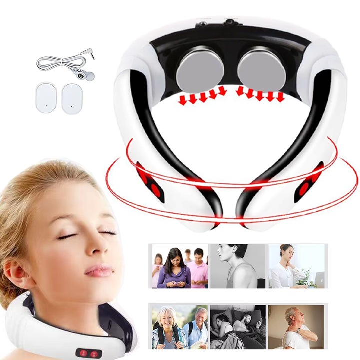 Dispozitiv multifunctional pentru masaj cervical si al umerilor, cu tehnologie electro-stimulare, relaxare profunda a tensiunii cervicale, design ergonomic, sase moduri de masaj, portabil, culoare alba