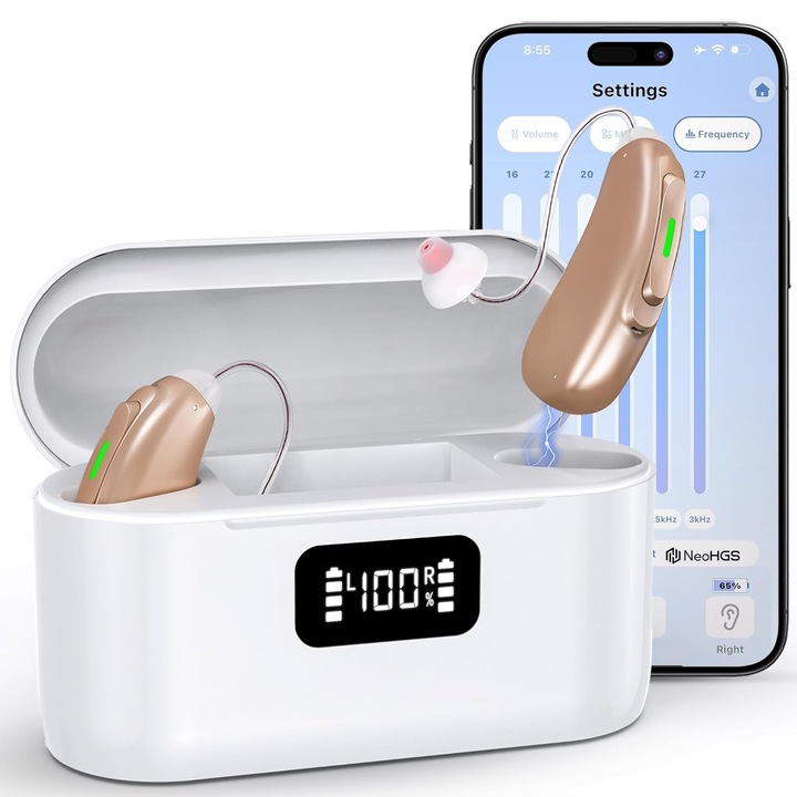 Слухов Апарат Акумулаторен Цифров x2 NeoHGS Premium, Чист Звук, Свободни Ръце, Bluetooth, Бързо Зареждане, Лесна Работа, Модерен Дизайн, Екран на Кутията за Батерия, Свободни Ръце