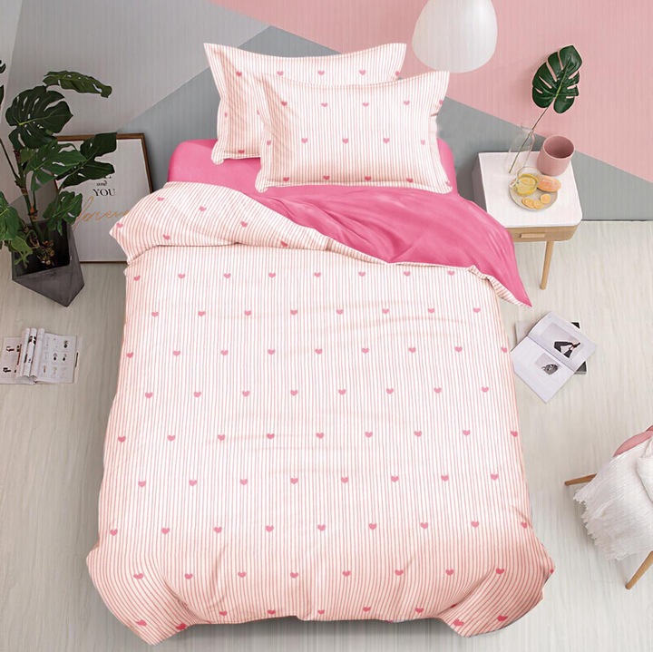 Set lenjerie 1 Persoana, Lenjerie copii, Pucioasa, Finet/Bumbac, 4 piese, Cearceaf de pat 160x220 cm, Cearceaf pilota cu Doua Fete 155x200 cm, 2 fete de perna 55 x 75 cm, Roz/Roz Pal, Model Inimioare, Y60-35