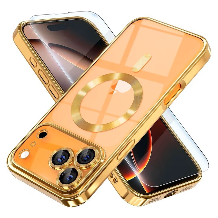 Husa pentru iPhone 17 Pro Max, cu protectie pentru camera, compatibila cu incarcare MagSafe, rezistenta la socuri, contur Auriu